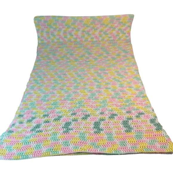 Handmade Hand Crotchet Baby Blanket Pastels Pink Yellow Green White 56” X 40” - Picture 5 of 5